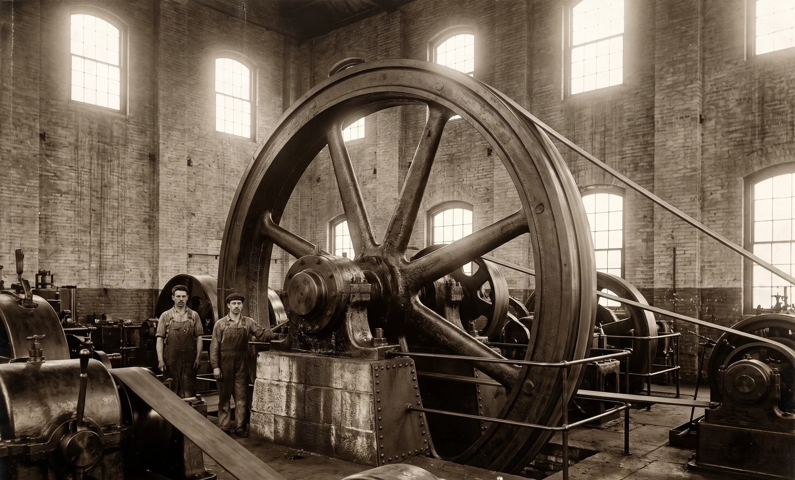 A large spoked cast-iron flywheel in a steam-era powerhouse, with two workers beside it for scale