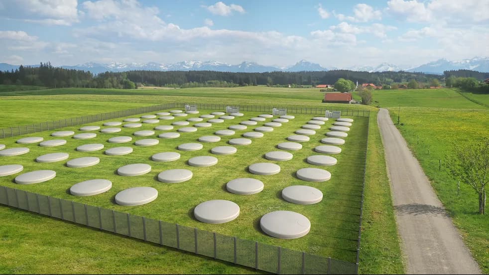 A rendering of Qnetic flywheel storage units deployed across a field